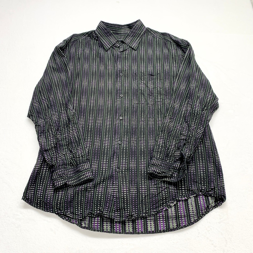 Jhane Barnes Geometric Stripe Button Up Mens XL Black Purple Silk Rayon Size XL